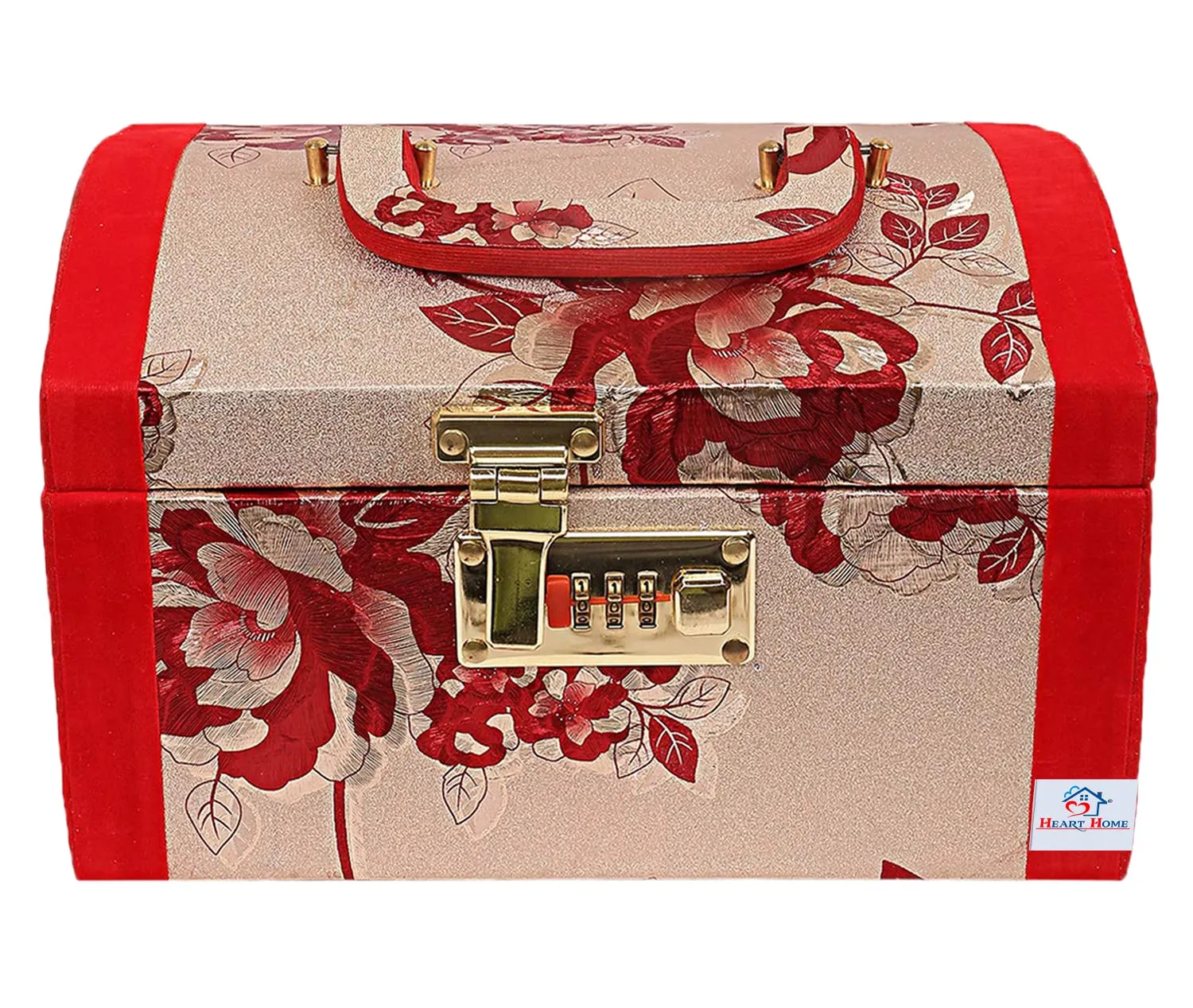 Heart Home Flower Printed Wooden Jewellery Organizer/Makeup Box/Cosmetic Box/Vanity Case With 1 Bangle Rod, Mirror & Number Lock System (Red)-47HH0534