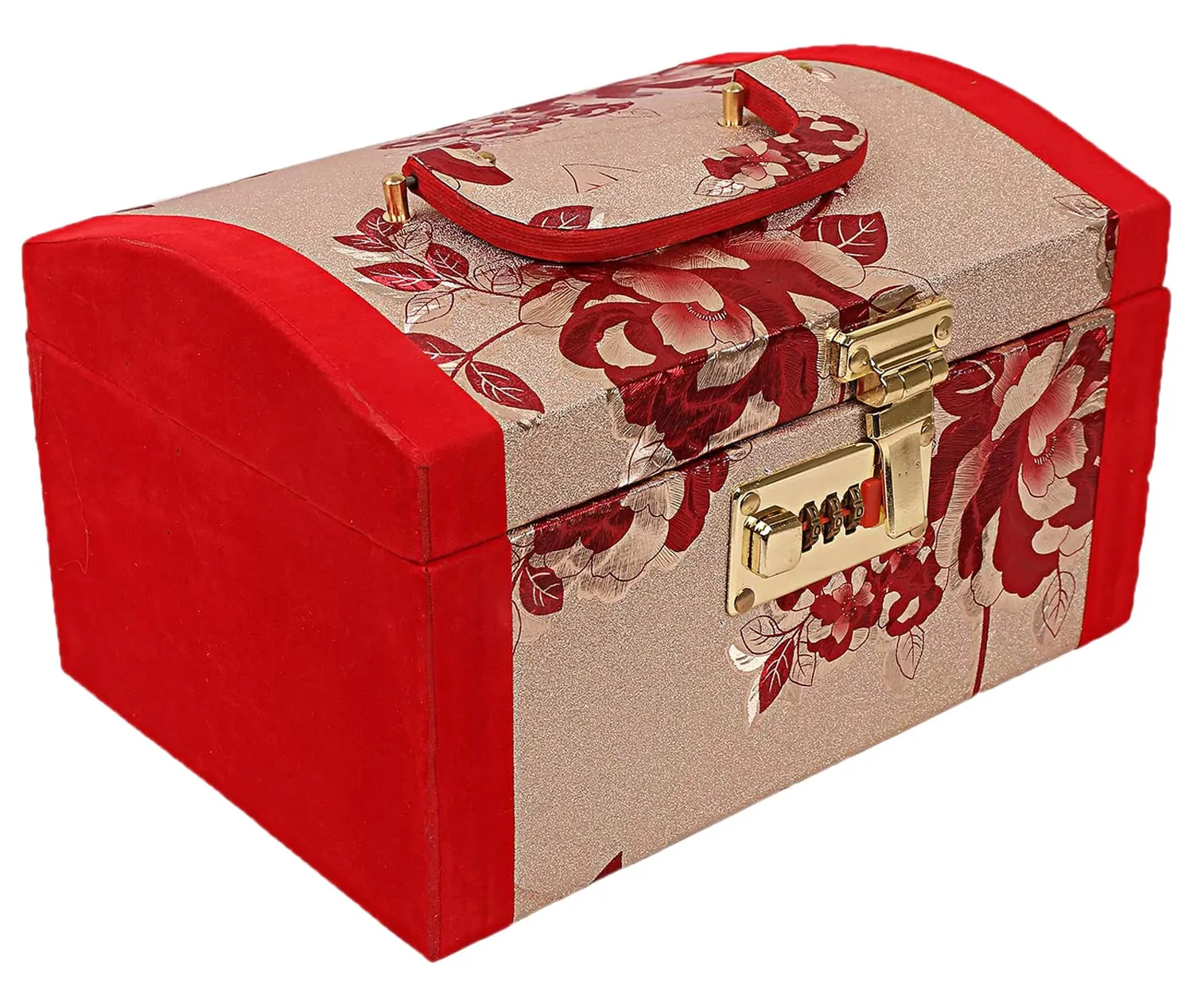 Heart Home Flower Printed Wooden Jewellery Organizer/Makeup Box/Cosmetic Box/Vanity Case With 1 Bangle Rod, Mirror & Number Lock System (Red)-47HH0534