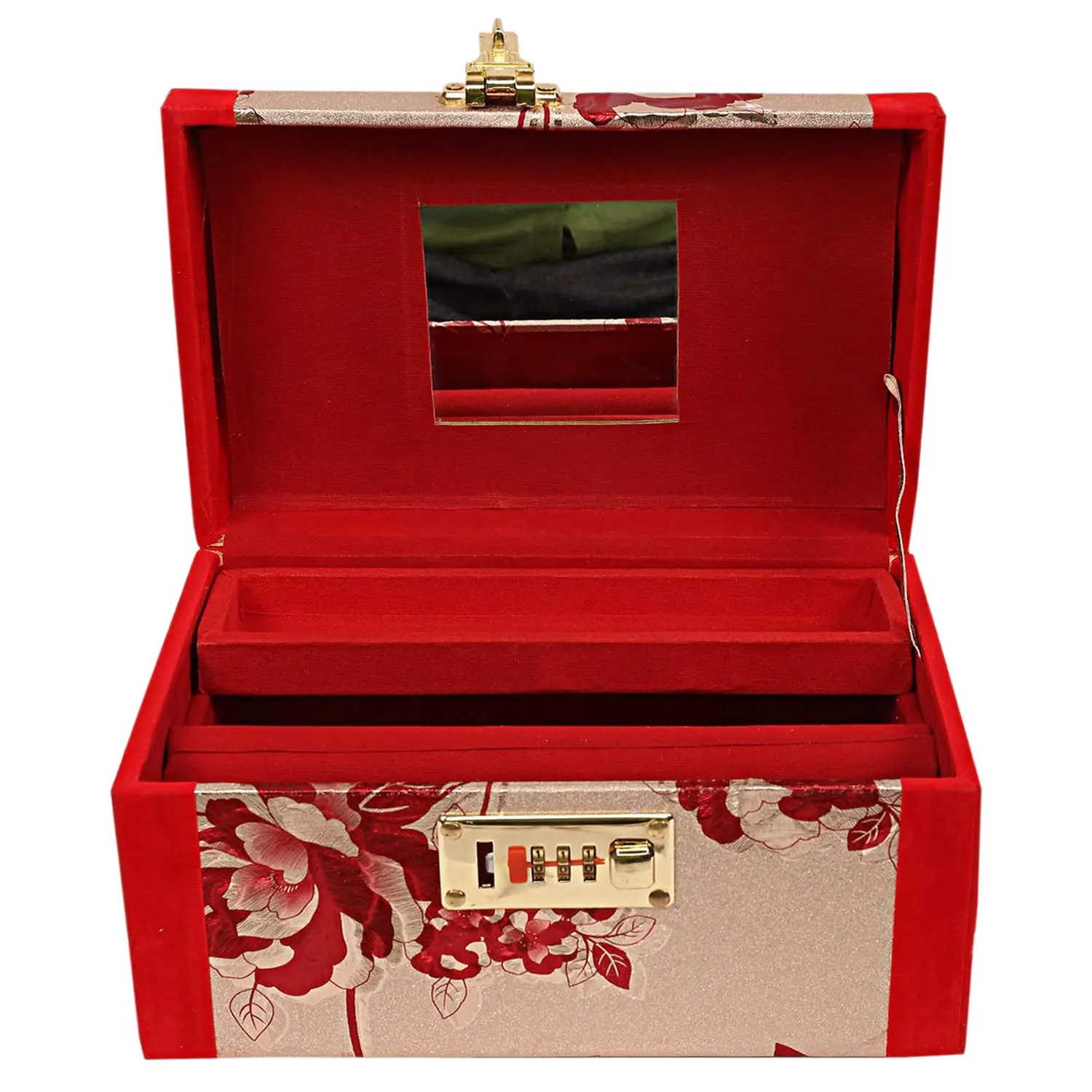 Heart Home Flower Printed Wooden Jewellery Organizer/Makeup Box/Cosmetic Box/Vanity Case With 1 Bangle Rod, Mirror & Number Lock System (Red)-47HH0534