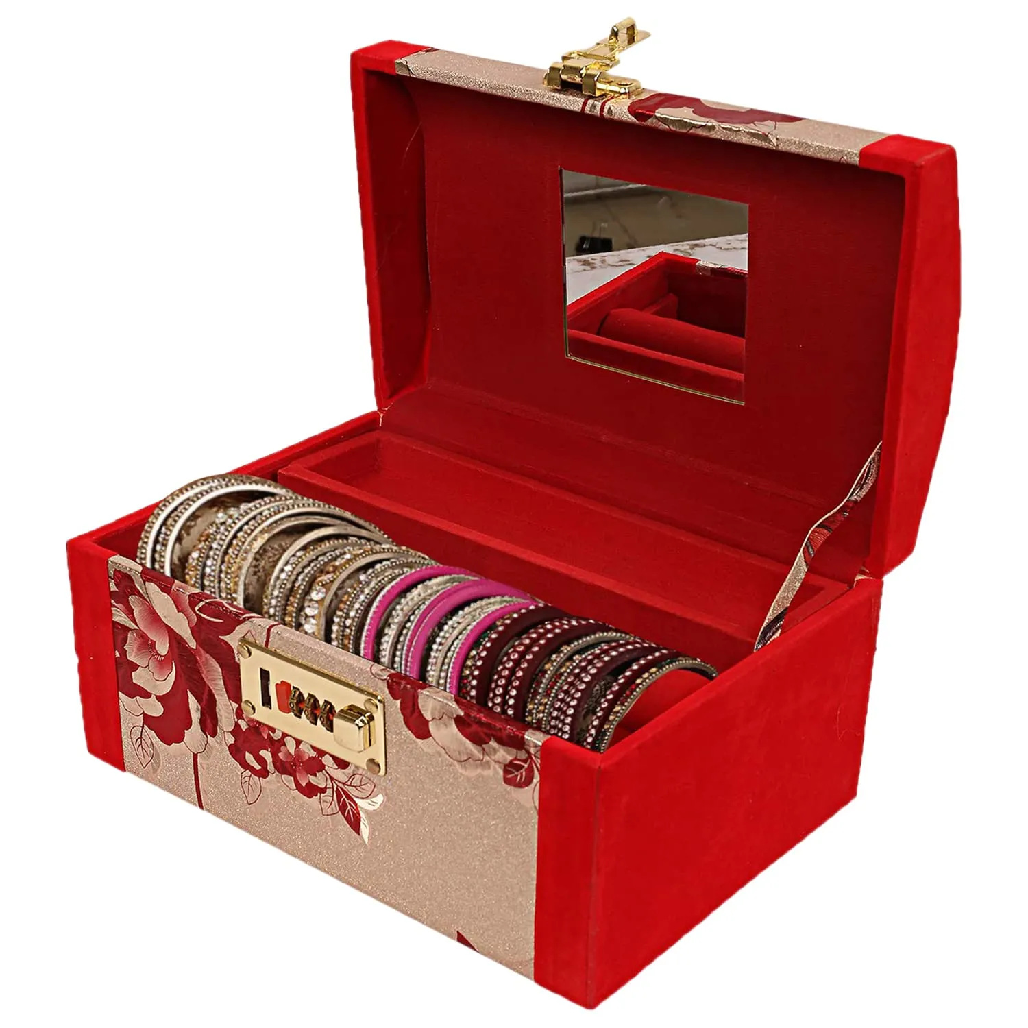 Heart Home Flower Printed Wooden Jewellery Organizer/Makeup Box/Cosmetic Box/Vanity Case With 1 Bangle Rod, Mirror & Number Lock System (Red)-47HH0534