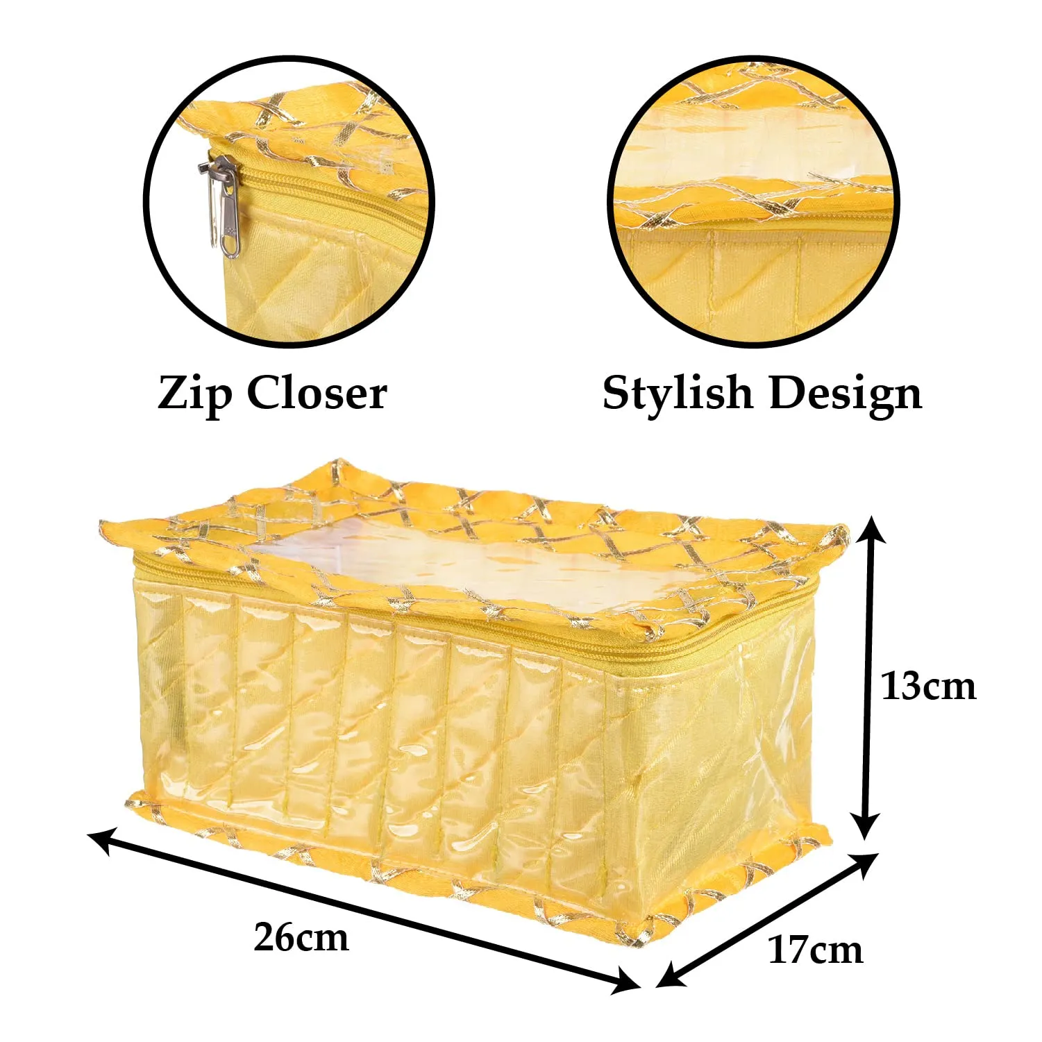 Heart Home Jewellery Box | PVC Laminated Gota Check Design Jewellery Kit For Woman | 10 Compartment & Pouches Cosmatic Bag with Transparent Top | Pack of 2 | Yellow