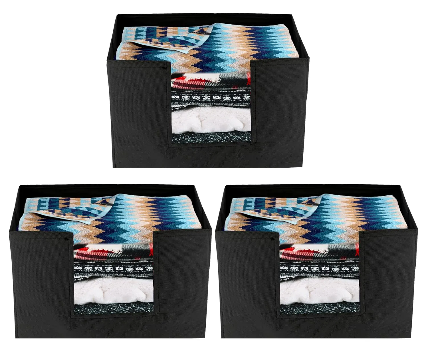 Heart Home Non-Woven Foldable Saree Stacker, Wardrobe Organizer, Storage Bin With Handle- Pack of 3 (Black)-HS43HEARTH26354