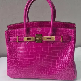 Hermès Birkin 30 Rose Sheherazade Crocodile Porosus Lisse Gold Hardware GHW