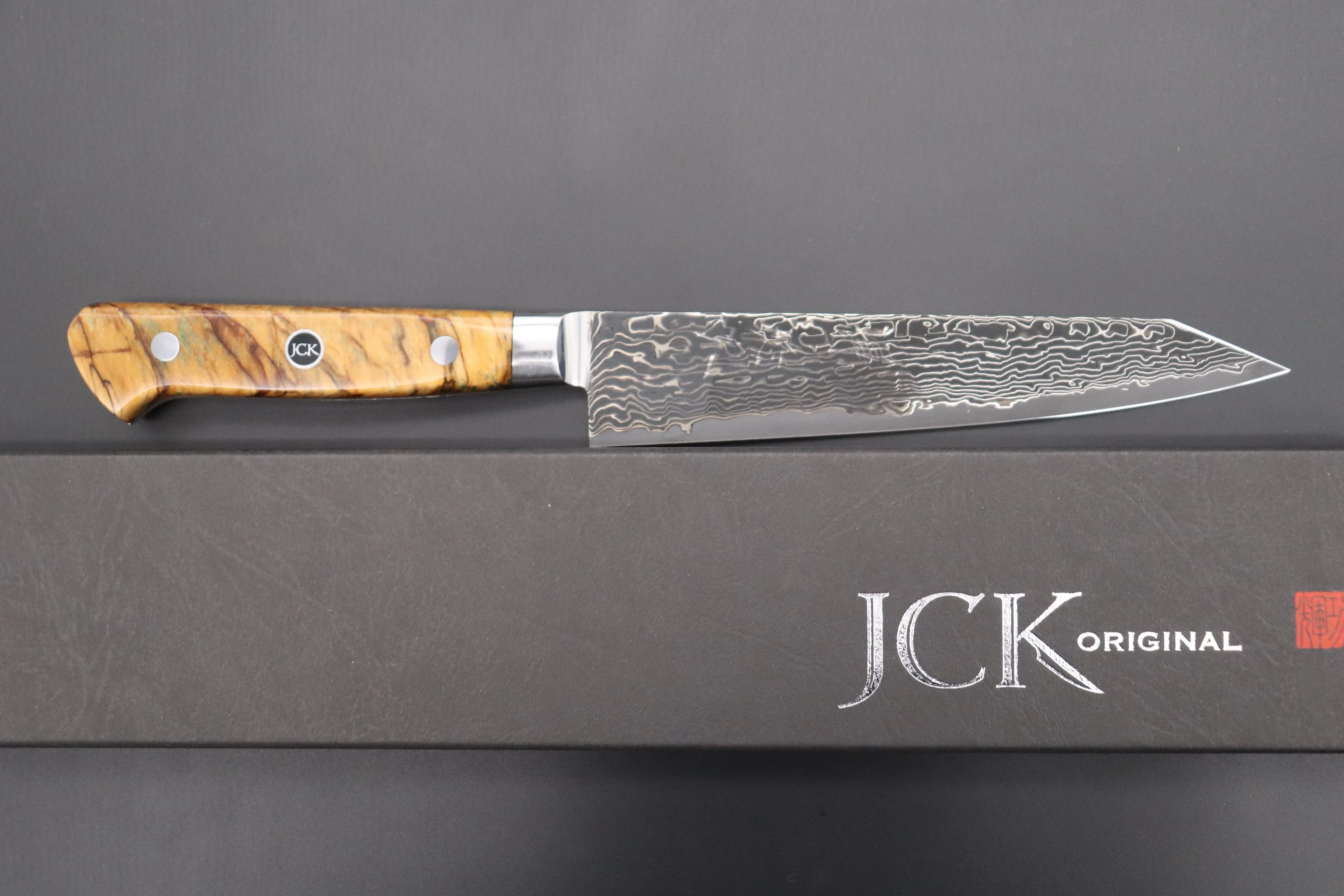 JCK Original Kagayaki Grand Canyon R-2 Black Damascus Series GCYU-2 Kiritsuke Petty 145mm (5.7 Inch)