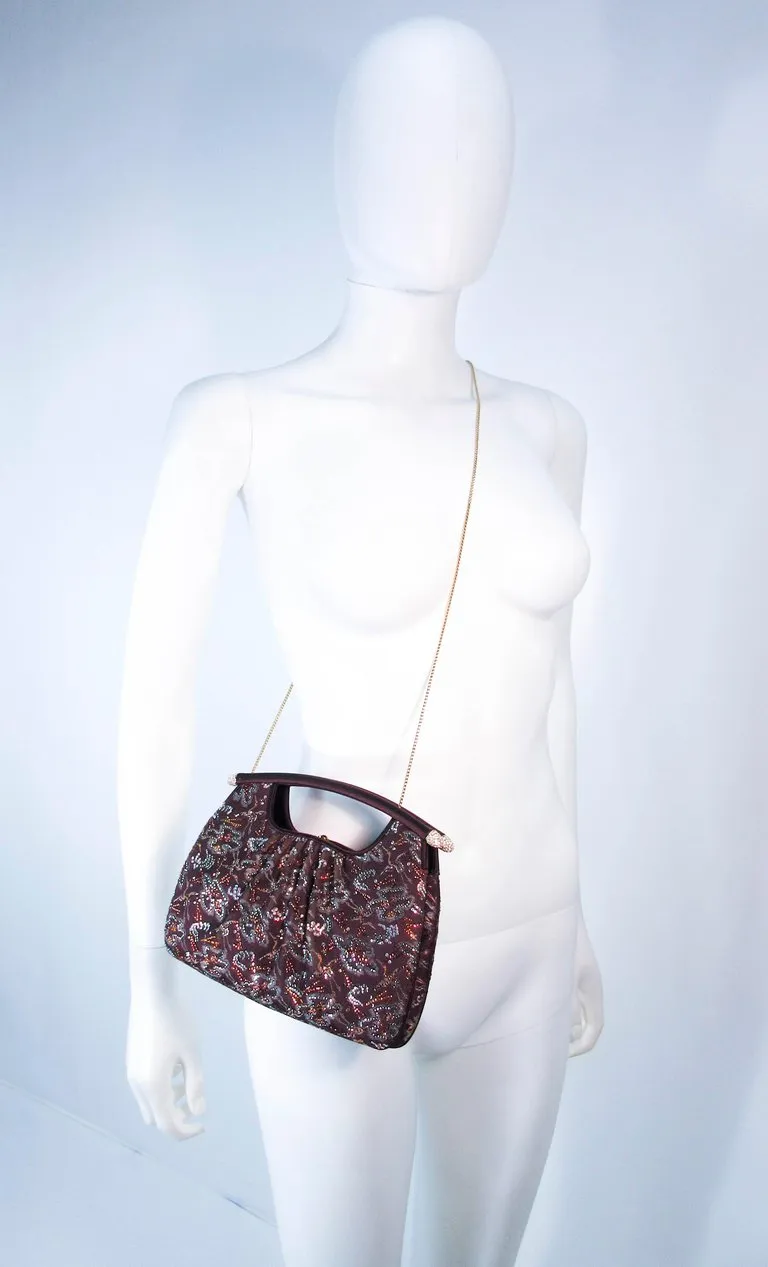 JUDITH LEIBER Brown Satin Rhinestone Frame Purse with Strap