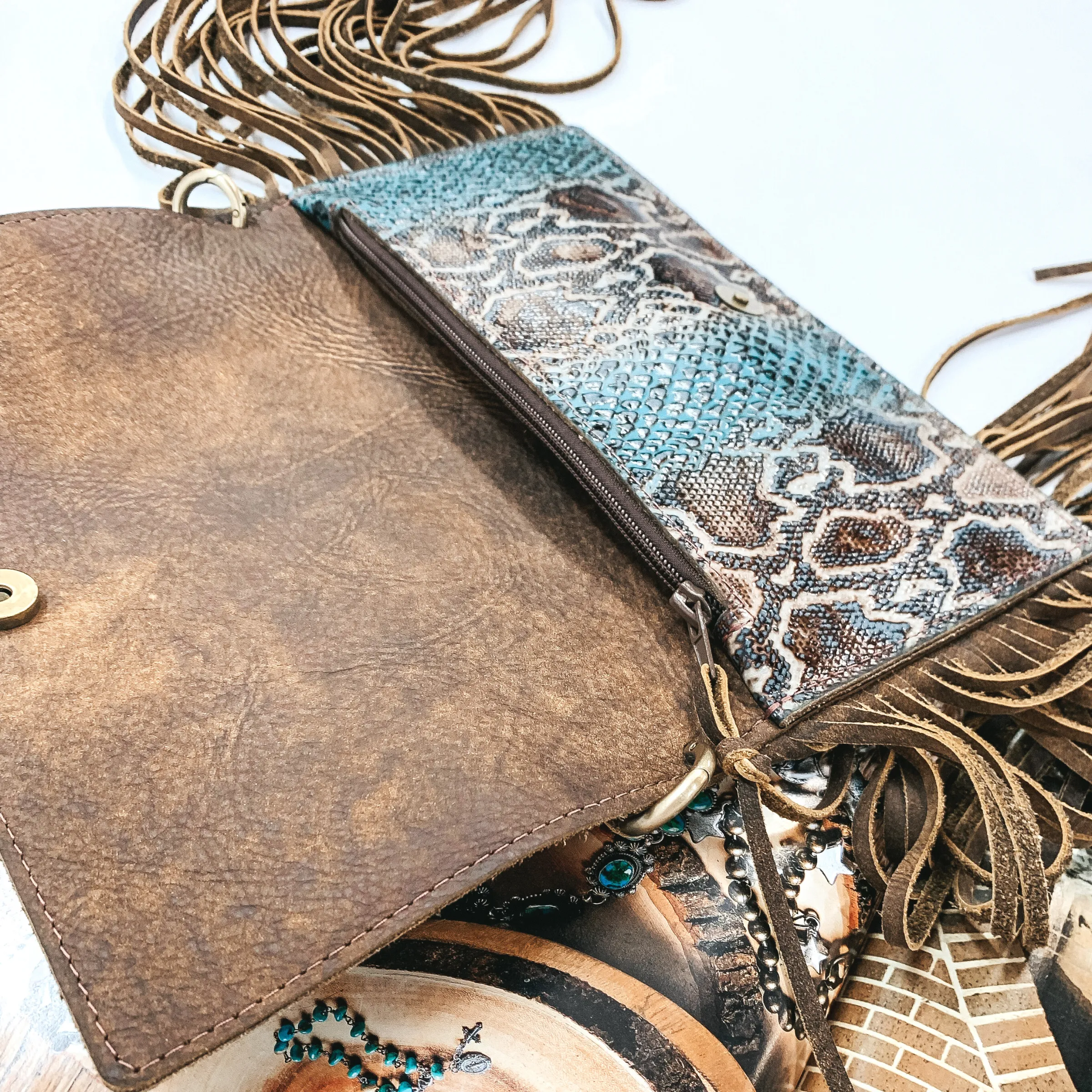 Keep It Gypsy | Rectangle Turquoise Snake Print Purse in Genuine Leather with Leather Fringe