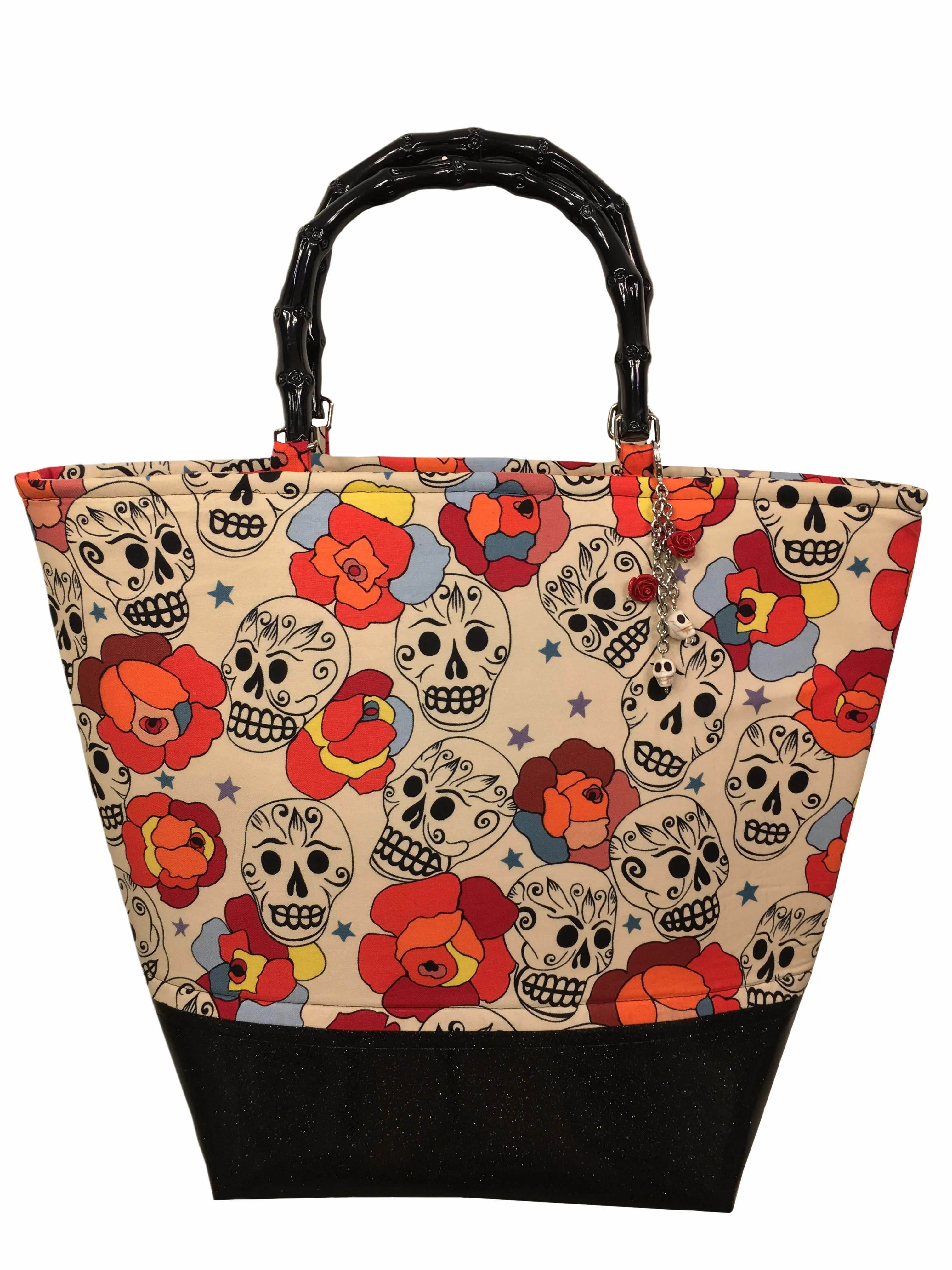 Kinny & Howie Tiki Skull & Roses Bamboo Handle Vintage Style Sparkle Leather Tote Bag