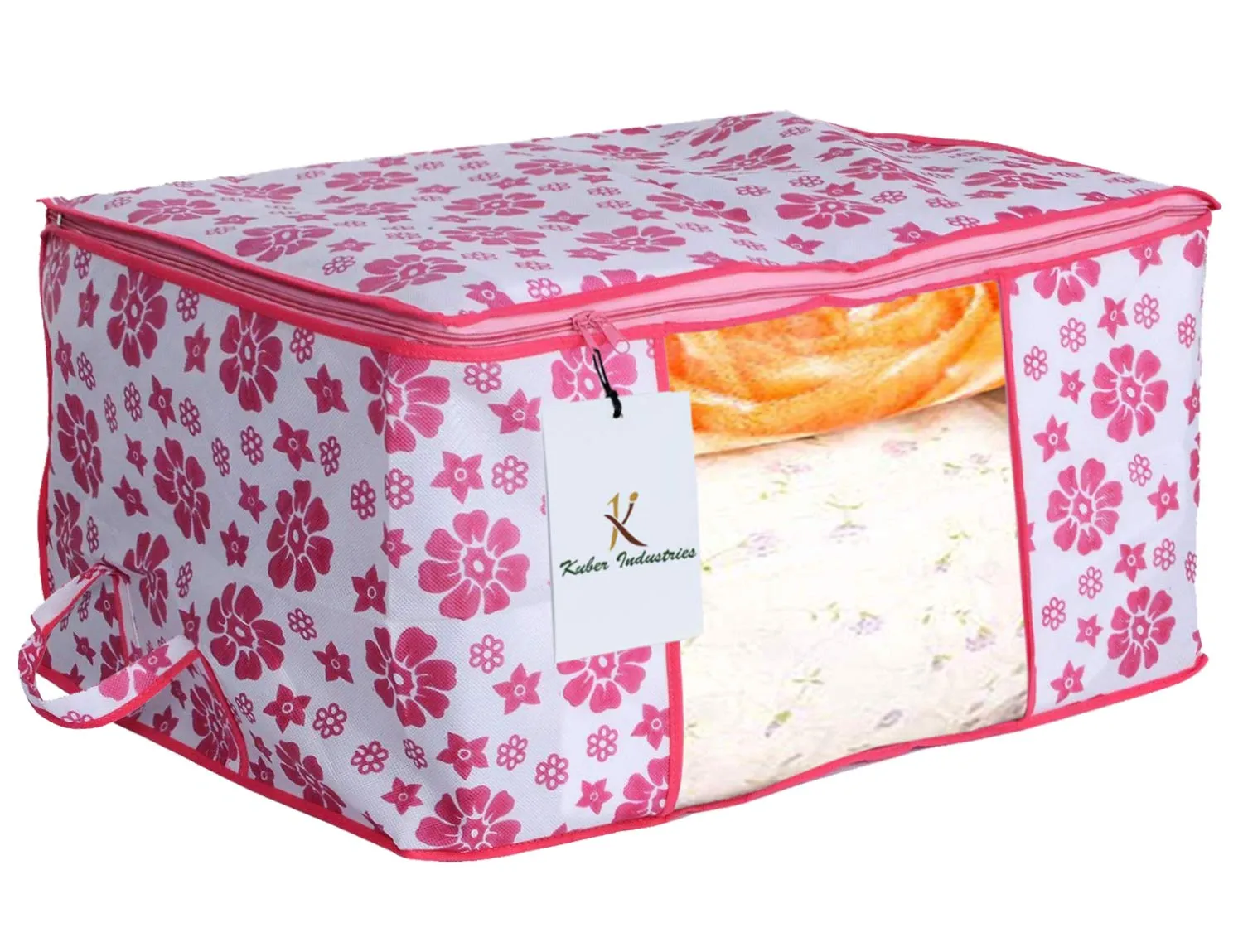 Kuber Industries Flower Printed Non Woven 2 Pieces Saree Cover and 2 Pieces Underbed Storage Bag, Cloth Organizer for Storage, Blanket Cover Combo Set (Pink) - CTKTC038607