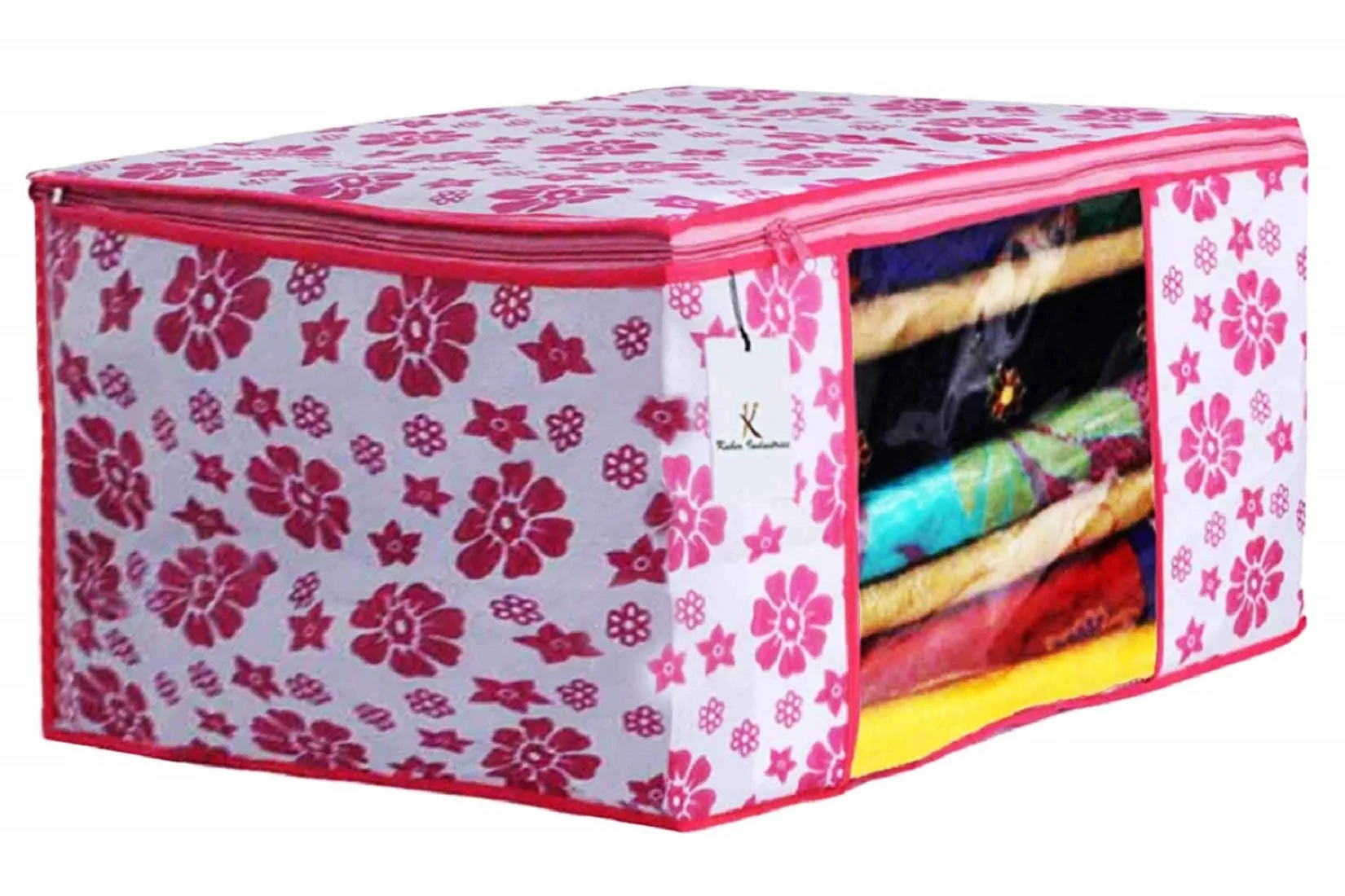 Kuber Industries Flower Printed Non Woven 2 Pieces Saree Cover and 2 Pieces Underbed Storage Bag, Cloth Organizer for Storage, Blanket Cover Combo Set (Pink) - CTKTC038607