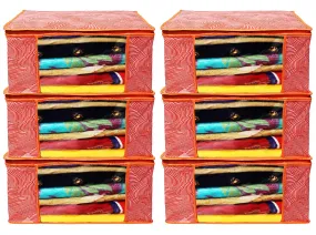 Kuber Industries Lahariya Design Non-woven Sarees, Clothes Cover/Organizer With Transparent Window- Pack of 6 (Orange)-44KM0380