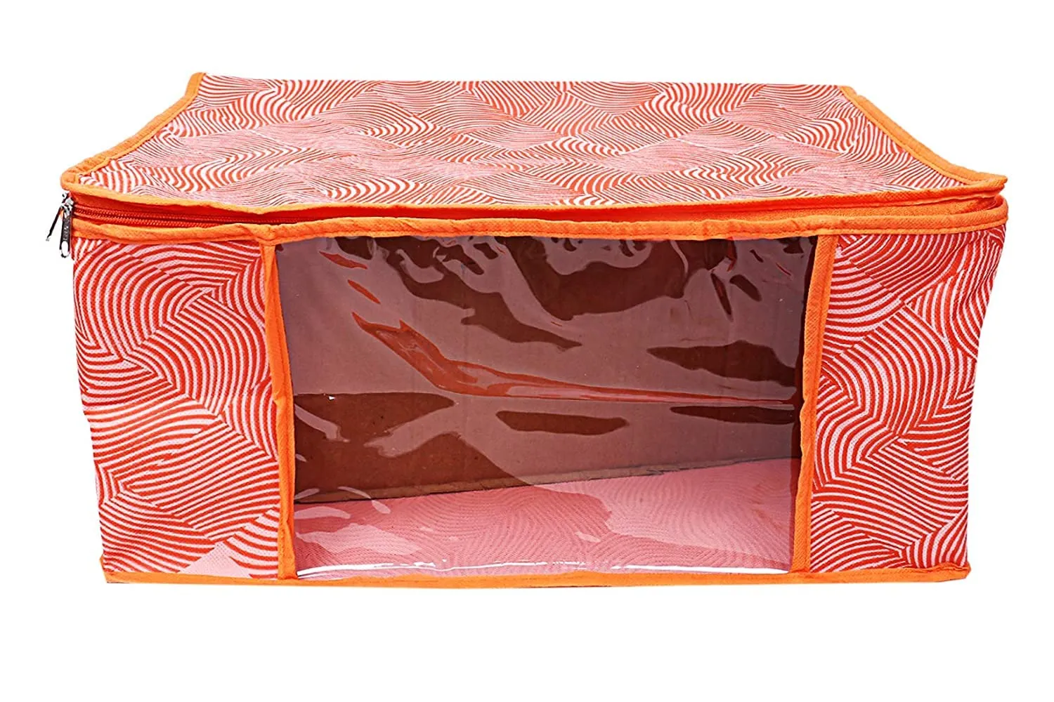 Kuber Industries Lahariya Design Non-woven Sarees, Clothes Cover/Organizer With Transparent Window- Pack of 6 (Orange)-44KM0380