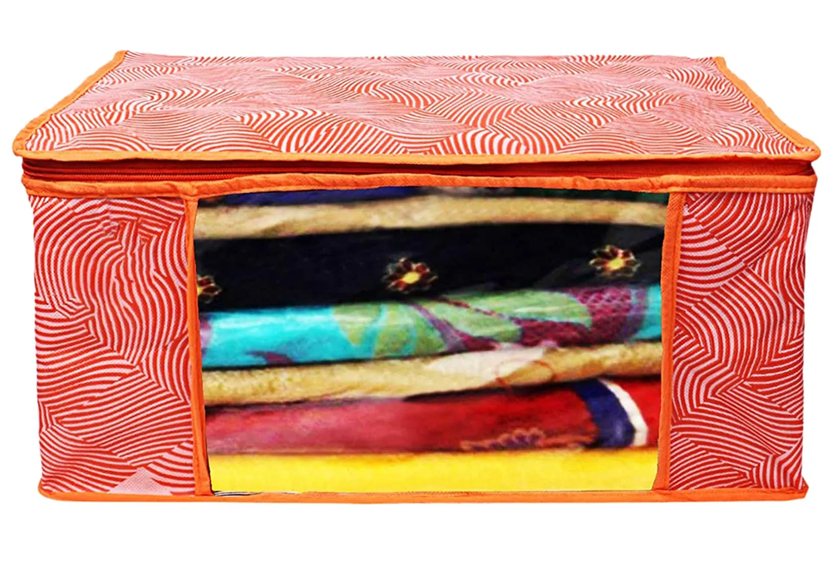 Kuber Industries Lahariya Design Non-woven Sarees, Clothes Cover/Organizer With Transparent Window- Pack of 6 (Orange)-44KM0380