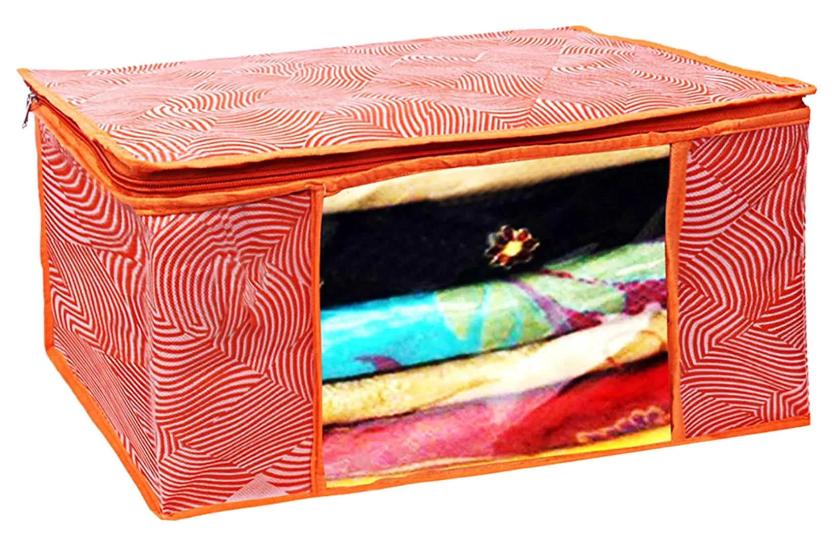 Kuber Industries Lahariya Design Non-woven Sarees, Clothes Cover/Organizer With Transparent Window- Pack of 6 (Orange)-44KM0380