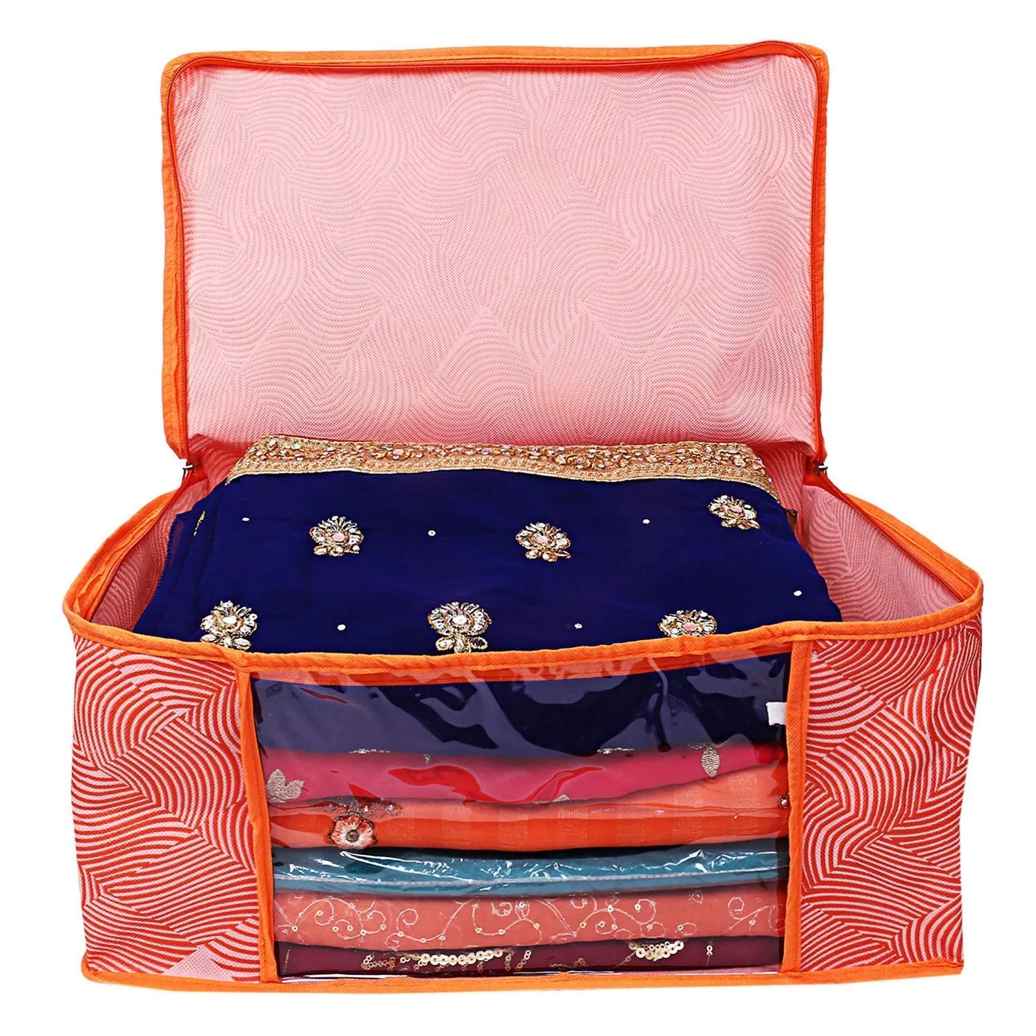 Kuber Industries Lahariya Design Non-woven Sarees, Clothes Cover/Organizer With Transparent Window- Pack of 6 (Orange)-44KM0380