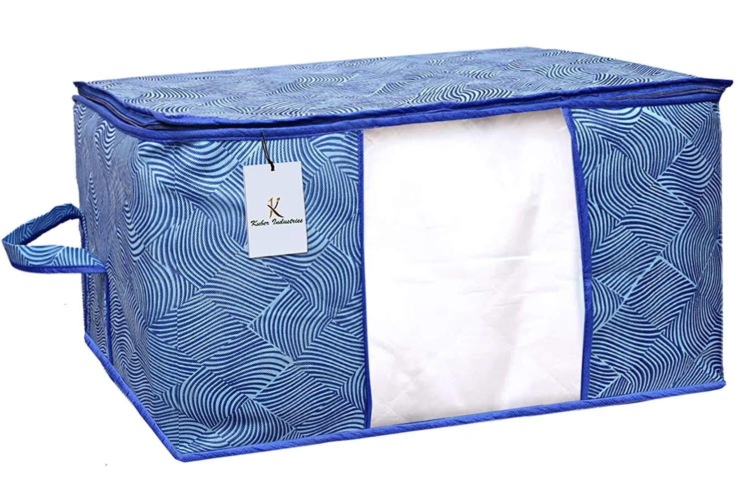 Kuber Industries Laheriya Design Non Woven Underbed Storage Bag|Large Storage Organiser|Blanket Cover with Transparent Window|Size 65 x 47 x 34 CM (Blue)-CTKTC134508