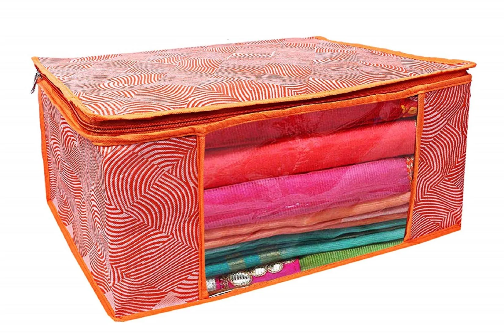 Kuber Industries Laheriya Printed Non Woven 3 Pieces Saree Cover and 2 Pieces Underbed Storage Bag, Cloth Organizer for Storage, Blanket Cover Combo Set (Orange) -CTKTC038693