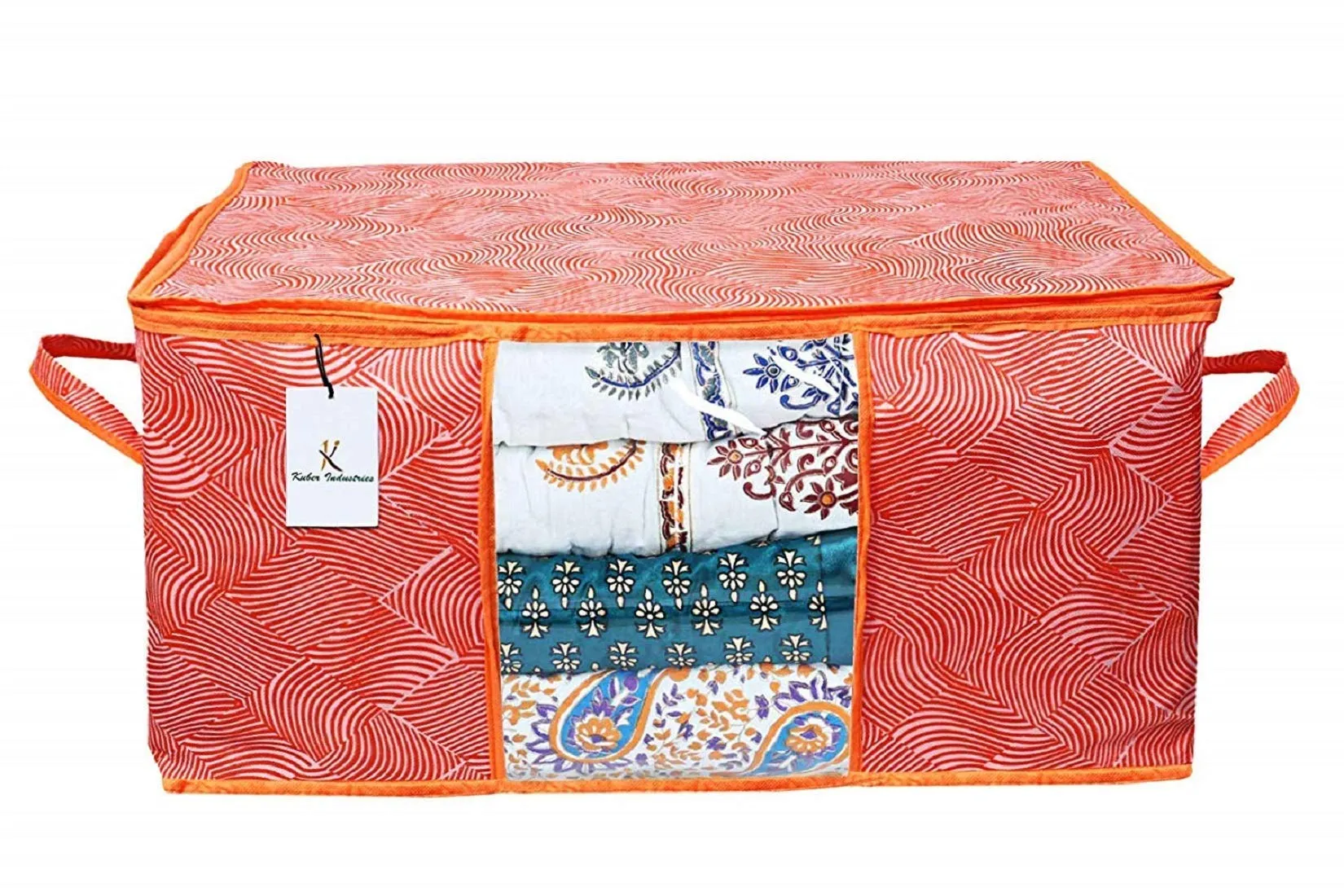 Kuber Industries Laheriya Printed Non Woven 3 Pieces Saree Cover and 2 Pieces Underbed Storage Bag, Cloth Organizer for Storage, Blanket Cover Combo Set (Orange) -CTKTC038693