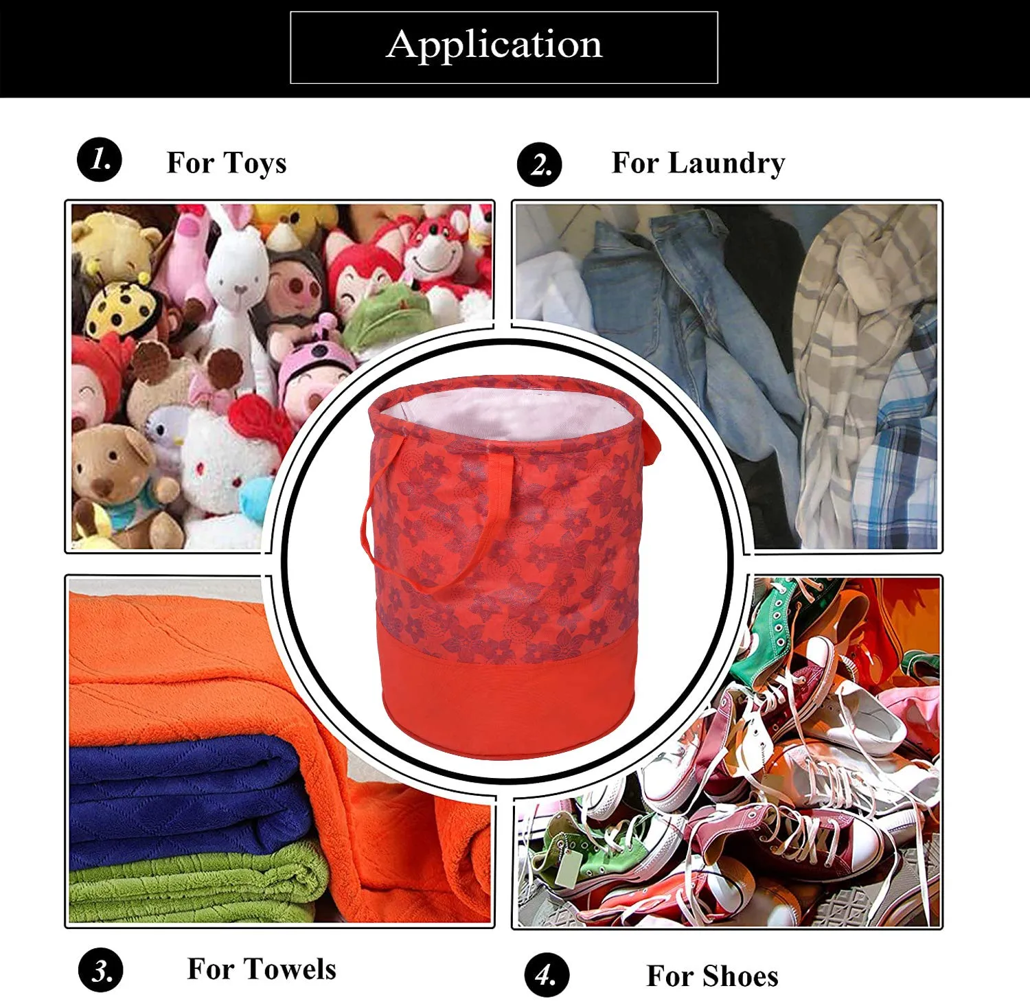 Kuber Industries Metalic Flower Print Round Non Woven Fabric Foldable Laundry Organiser With Handles,45 Ltr (Red)-KUBMART12054