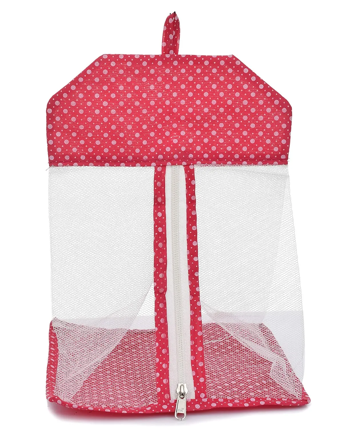 Kuber Industries Multipurpose Dot Printed Cotton Hanging Storage Mesh Bag/Organizer For Home, Bathroom, Kitchen, Travel Use With Zipper & Hanging Loop- Pack of 2 (Pink)