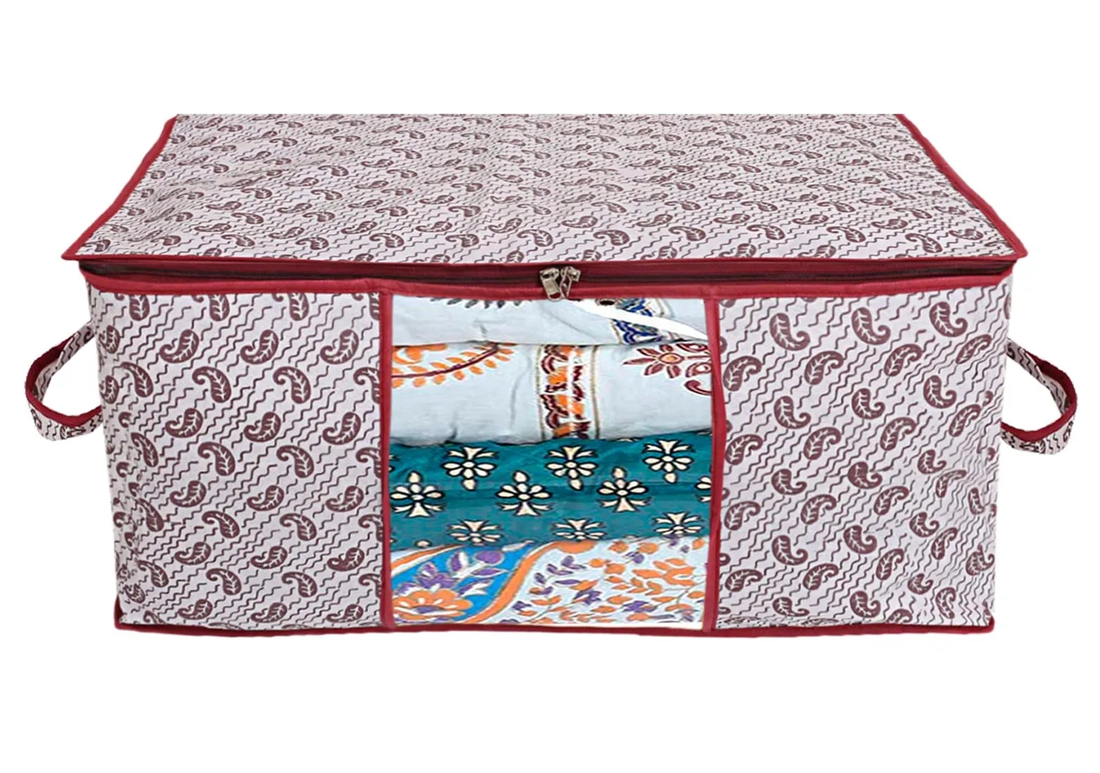 Kuber Industries Paisley Design Non-woven Foldable Underbed/Storage Bag/Wardrobe Organizer With Transparent Window- Pack of 3 (White)-44KM0469