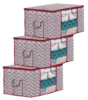 Kuber Industries Paisley Design Non-woven Foldable Underbed/Storage Bag/Wardrobe Organizer With Transparent Window- Pack of 3 (White)-44KM0469