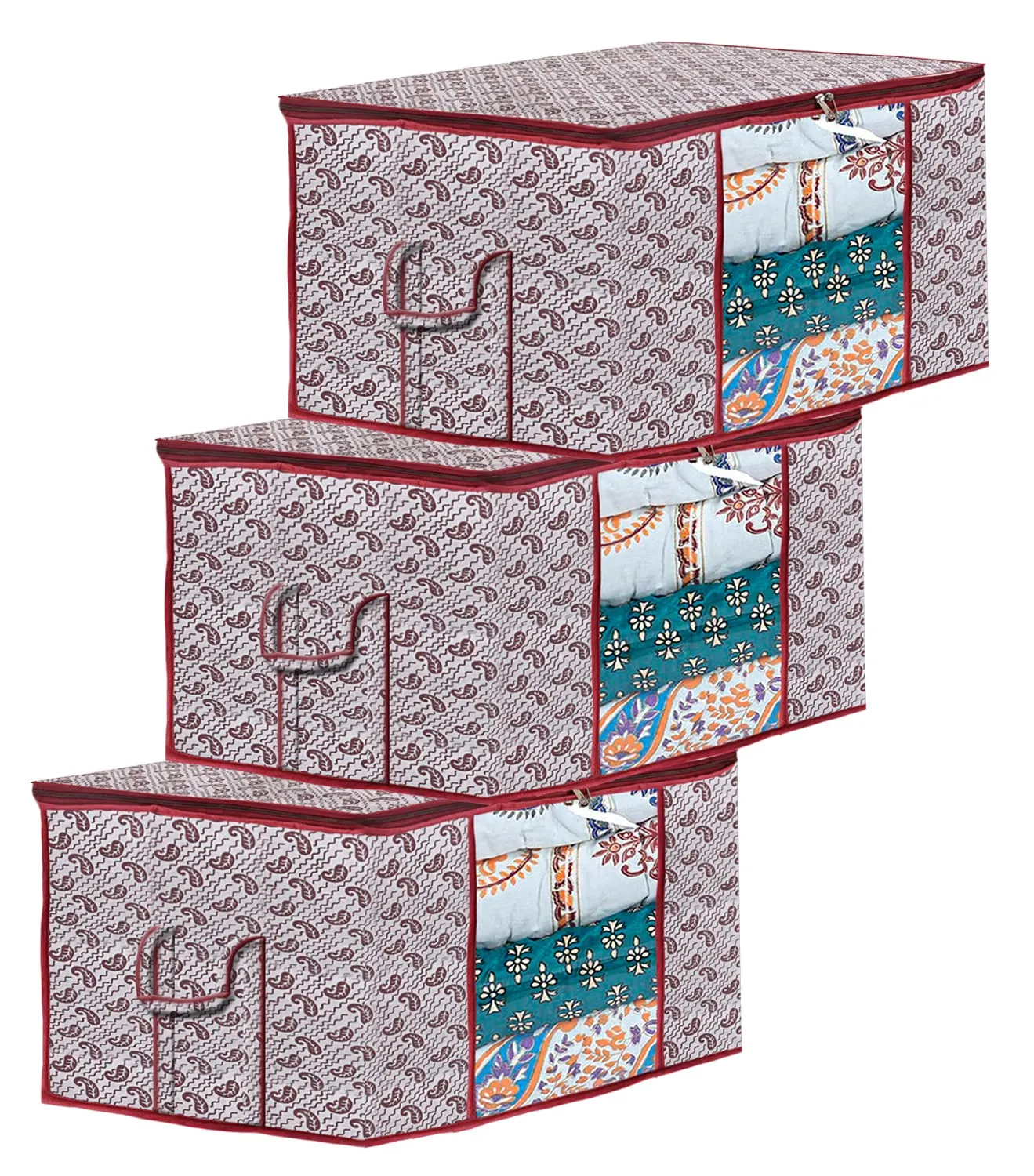 Kuber Industries Paisley Design Non-woven Foldable Underbed/Storage Bag/Wardrobe Organizer With Transparent Window- Pack of 3 (White)-44KM0469