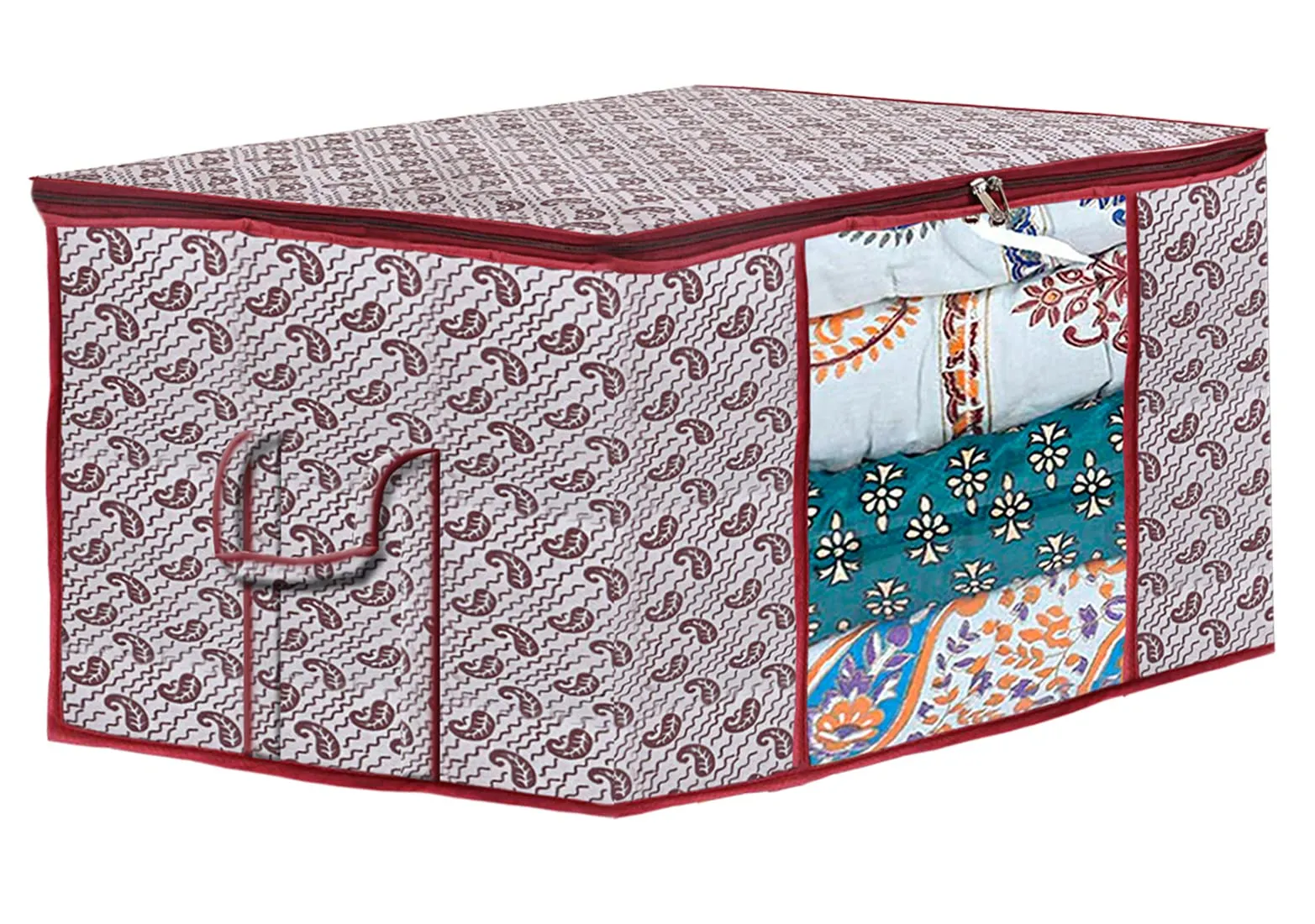 Kuber Industries Paisley Design Non-woven Foldable Underbed/Storage Bag/Wardrobe Organizer With Transparent Window- Pack of 3 (White)-44KM0469