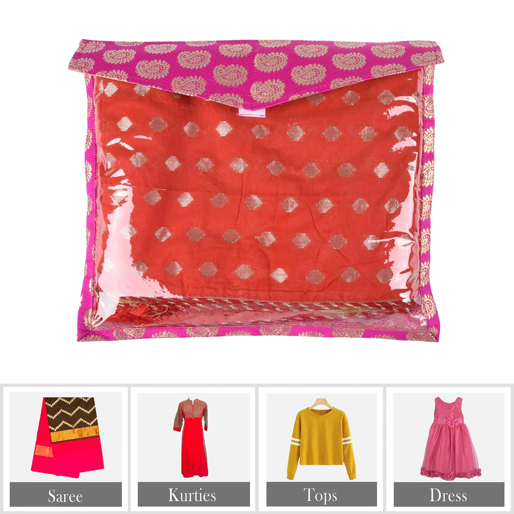 Kuber Industries Saree Cover | Clothes Storage Bag | Single Packing Saree with Zip Closure | Wardrobe Organizer | Cloth Stoarge Organizer | Carry Jama-Design | Pack of 6 | Pink