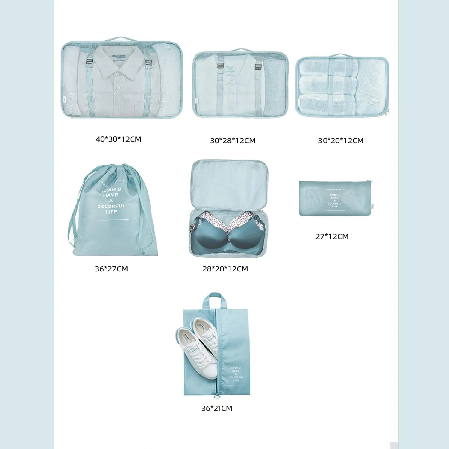 Kuber Industries Set of 7 Travel Organizer | 3 Packing Cubes   3 Pouches   1 Toiletry Bag | Travel Luggage Organizer | Luggage Bag for Bra-Pantry-Socks-Shoe-Cosmetics | ZH025LB | Light Blue