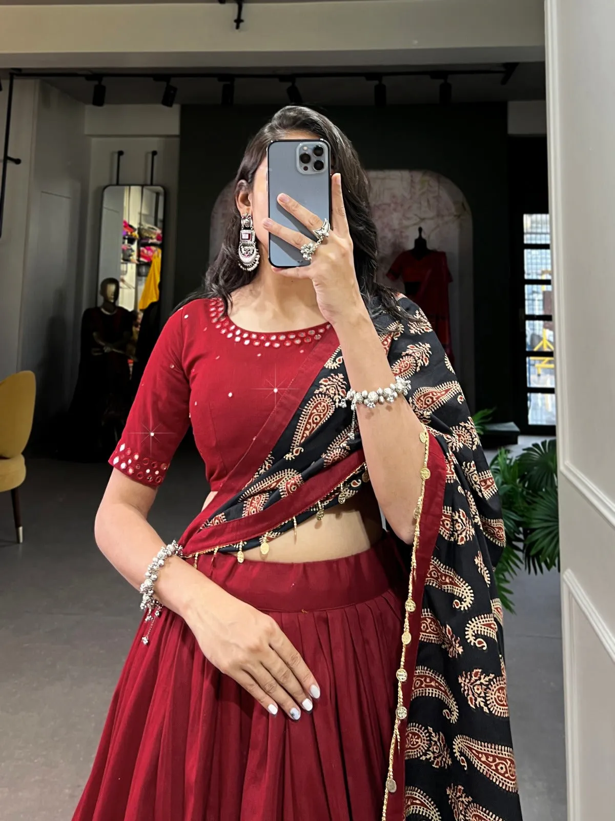 Maroon Pure Cotton Lehenga Choli Set with Purse