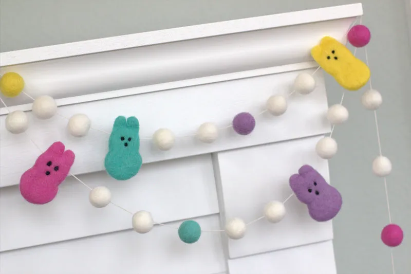 Marshmallow Bunny Easter Garland- White Felt Balls & Bright Bunnies