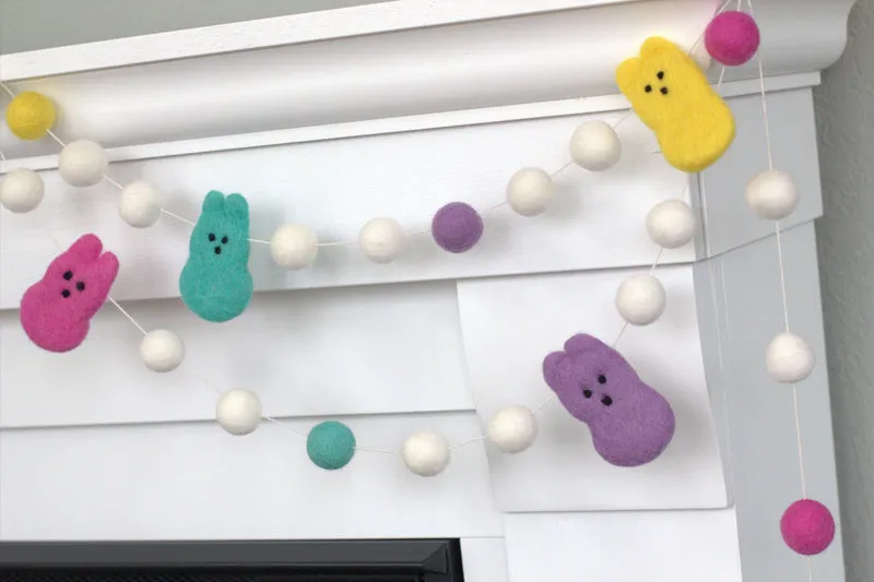 Marshmallow Bunny Easter Garland- White Felt Balls & Bright Bunnies