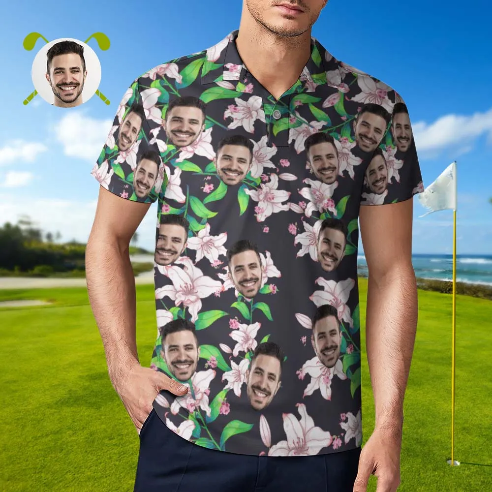 Men's Custom Face Shirt Personalised Golf Shirts Pink Lily Pattern