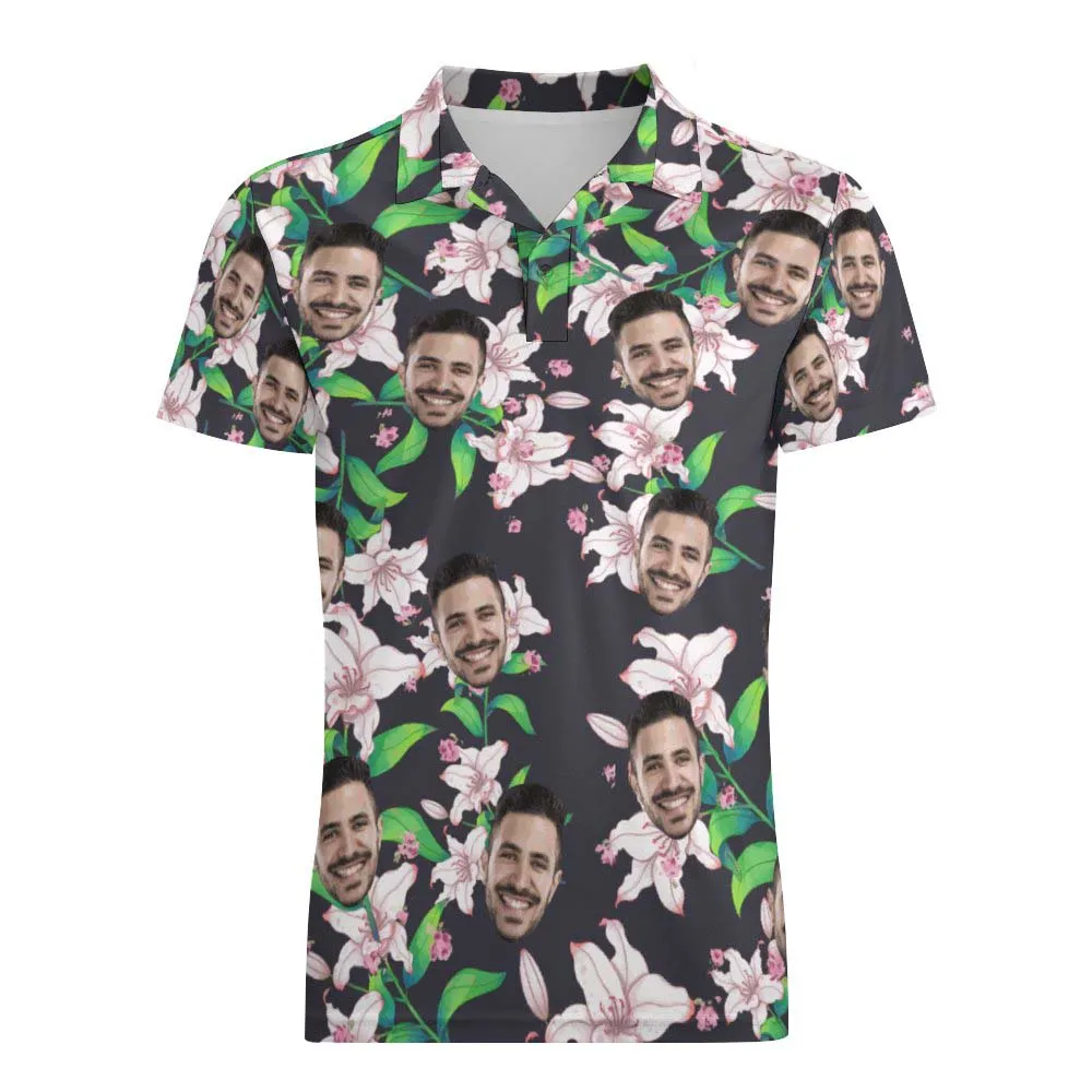 Men's Custom Face Shirt Personalised Golf Shirts Pink Lily Pattern