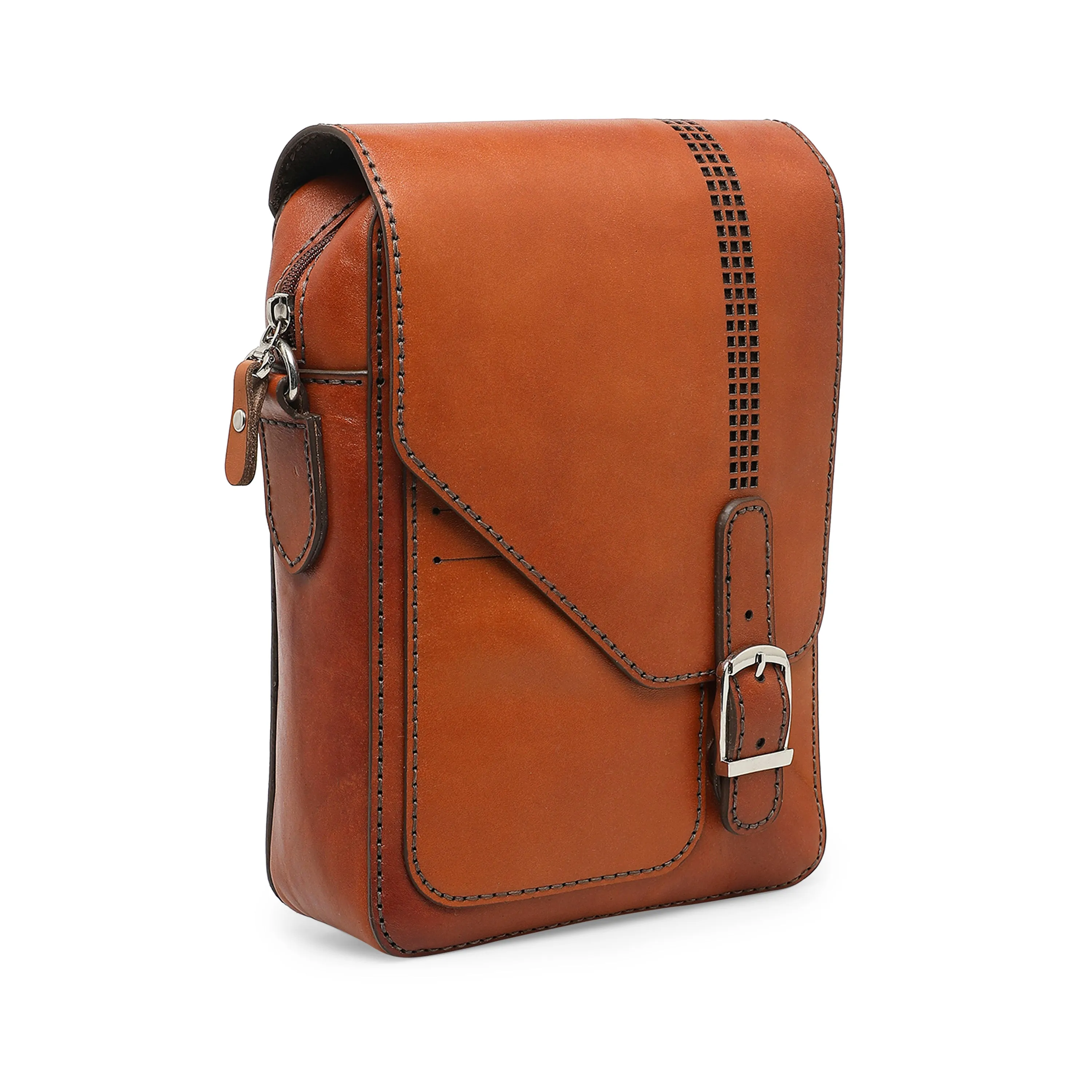 Michelle Men's Genuine Leather Side Messenger Bag - Tan