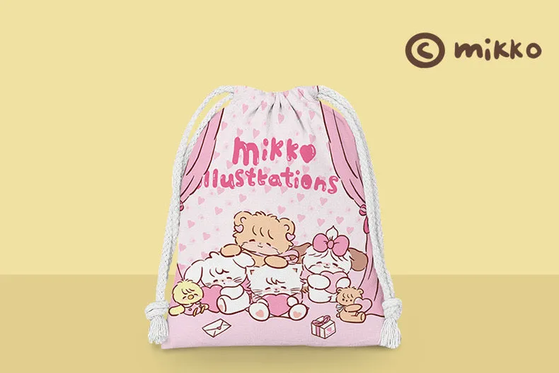 Mikko illustration Drawstring Pockets | Bedroom Bear Latte Dog Souffie Kitten Mousse Rabbit Cammy - 3 Size Tidy up Bag Kawaii Style