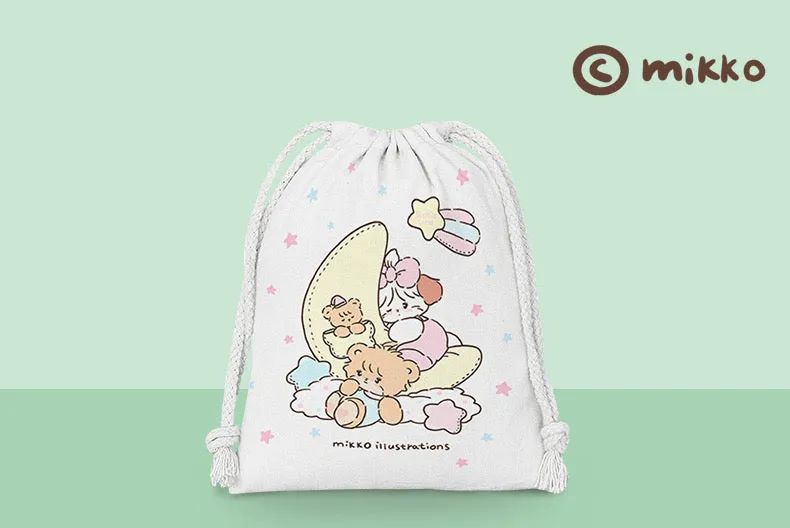 Mikko illustration Drawstring Pockets | Bedroom Bear Latte Dog Souffie Kitten Mousse Rabbit Cammy - 3 Size Tidy up Bag Kawaii Style