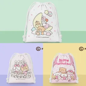 Mikko illustration Drawstring Pockets | Bedroom Bear Latte Dog Souffie Kitten Mousse Rabbit Cammy - 3 Size Tidy up Bag Kawaii Style