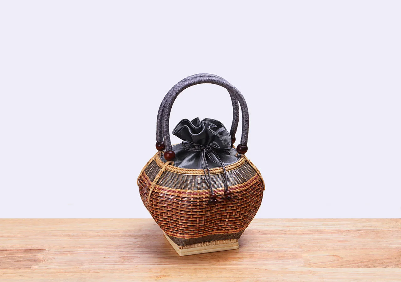 Mini Bamboo Wicker Round Handbag (Gray)