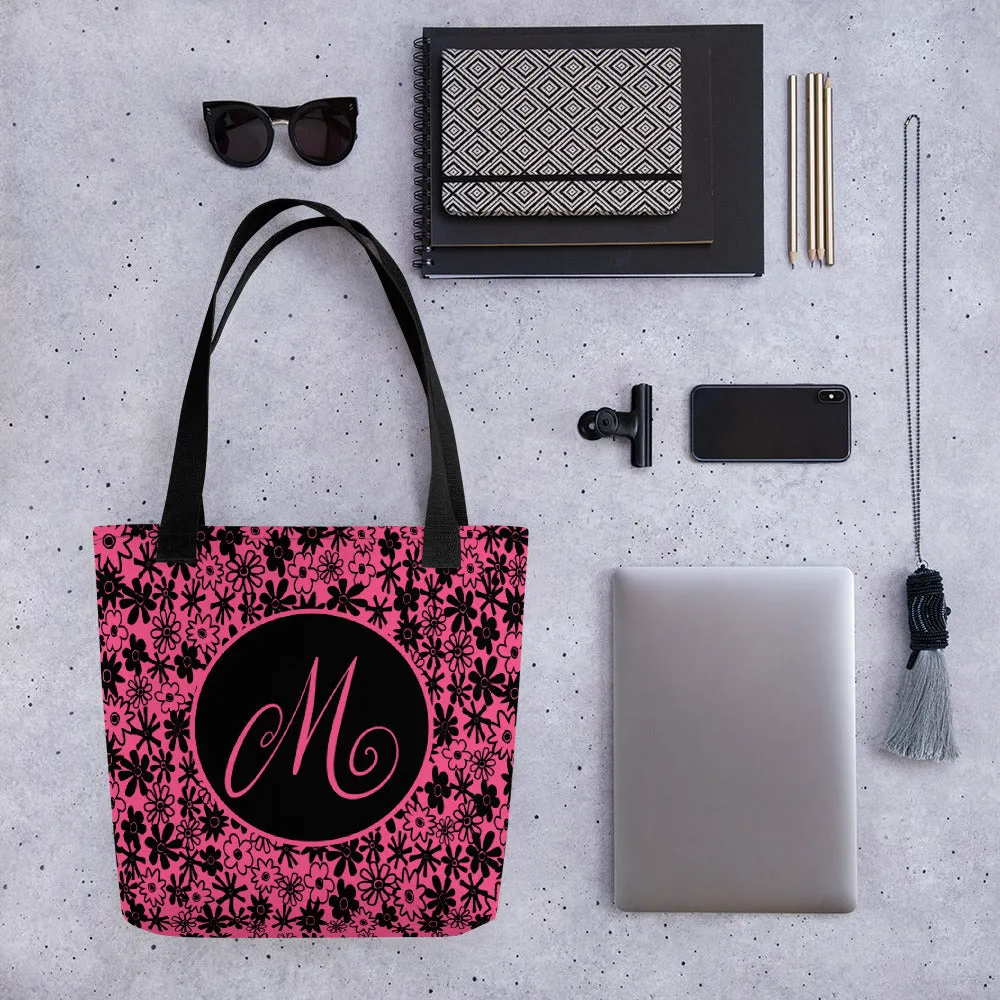 Modern Calligraphy M Curly Fancy on Black Circle, Black Funky Flowers on Fuchsia Background Custom Tote bag