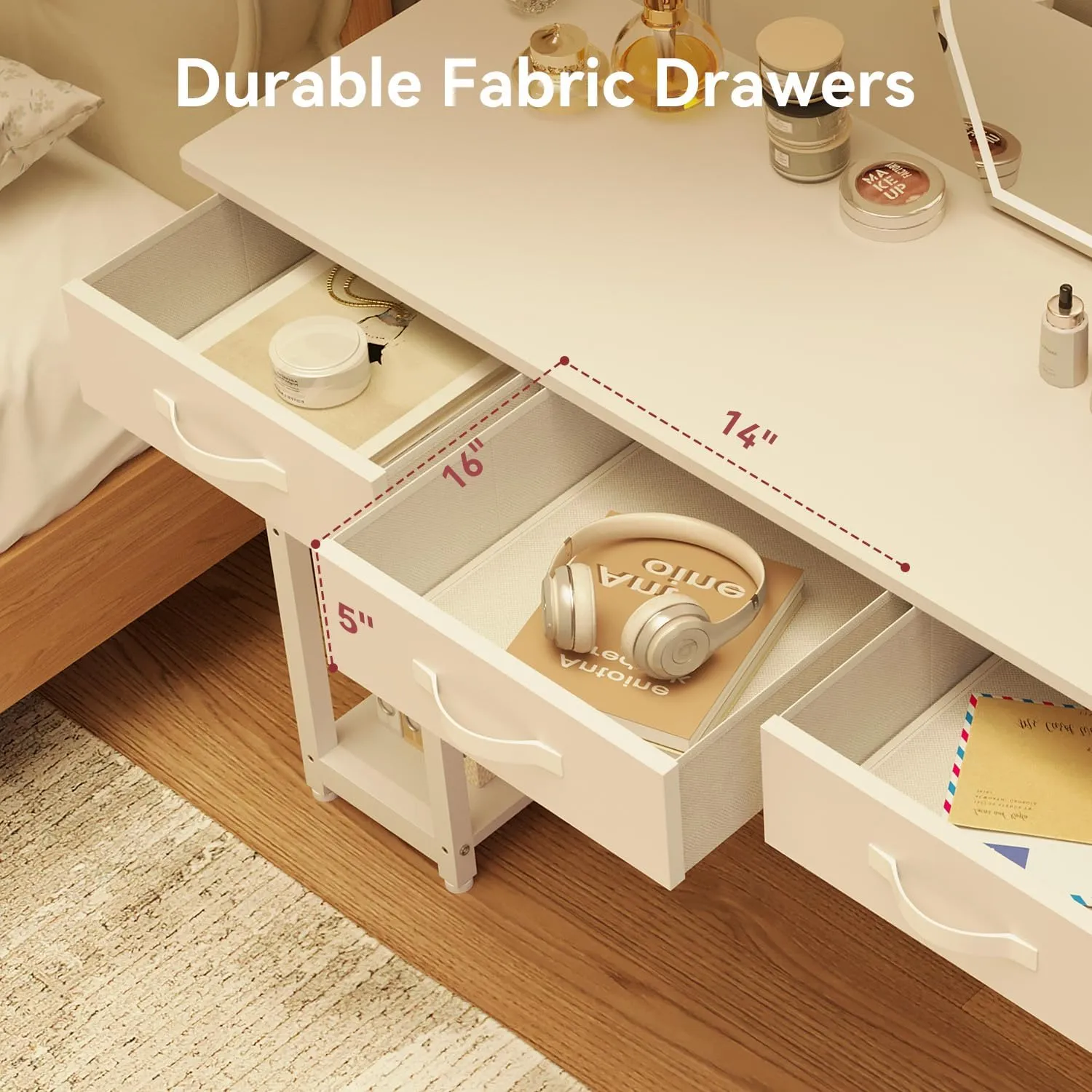 Modern Vanity Desk with Fabric Drawer, Side Storage Bag, Storage shelf