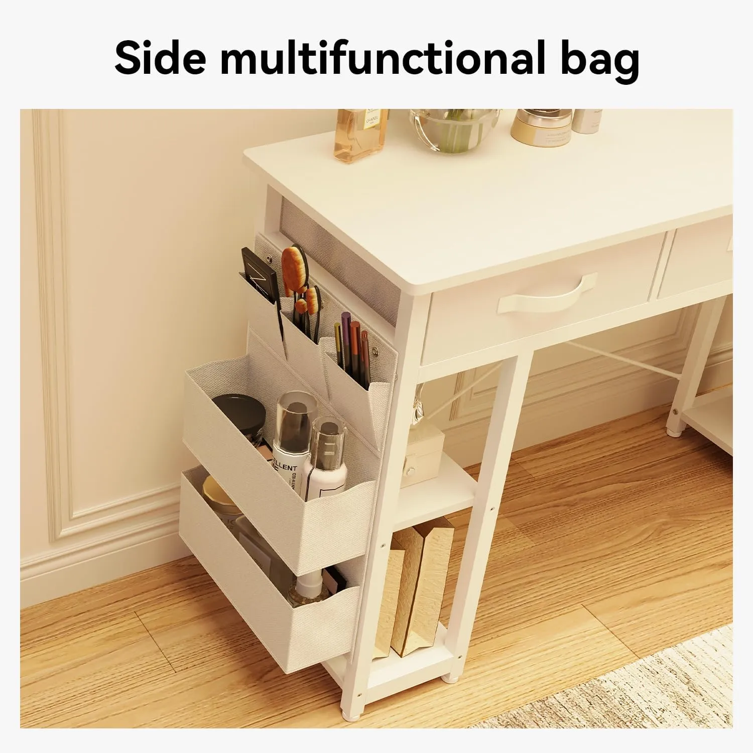 Modern Vanity Desk with Fabric Drawer, Side Storage Bag, Storage shelf