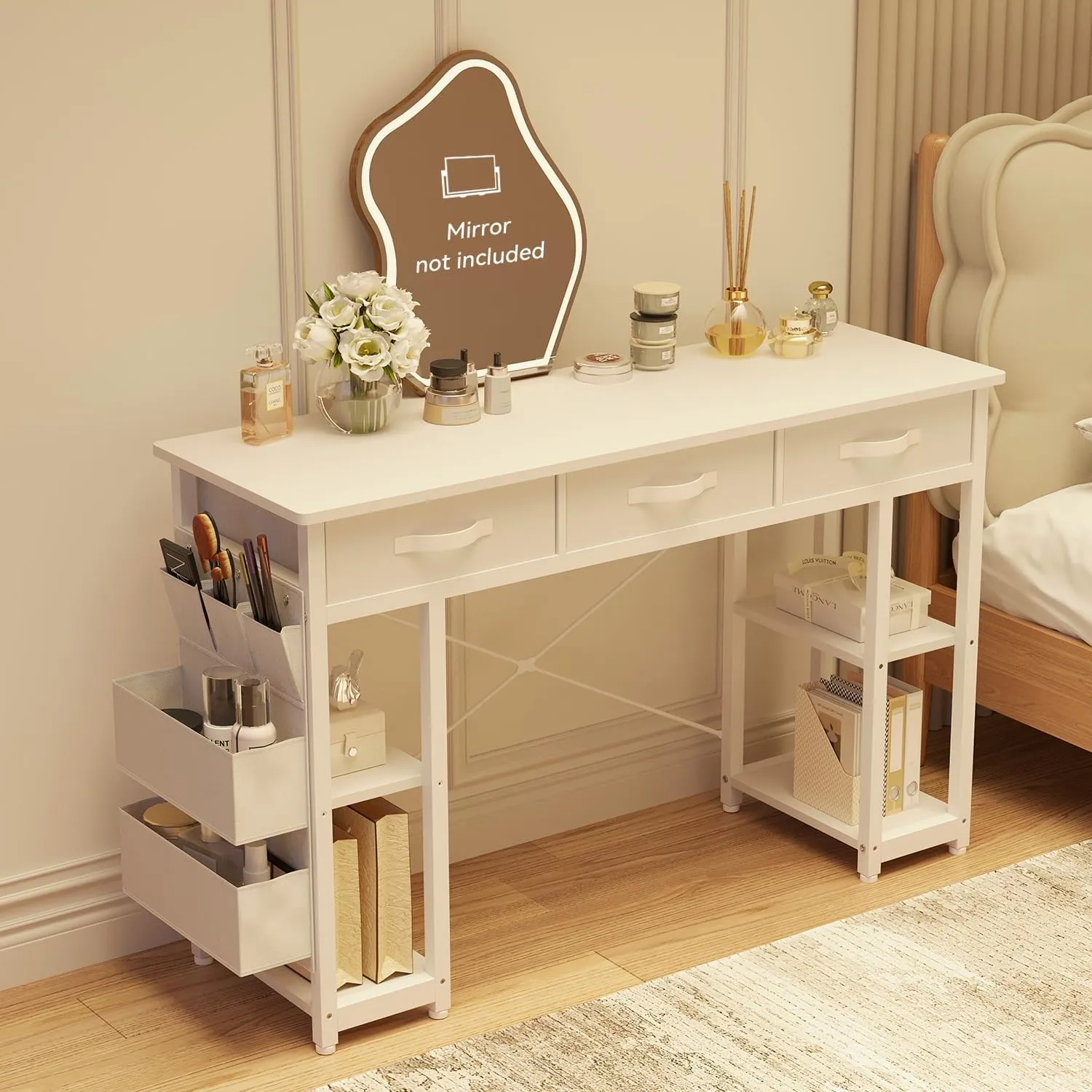 Modern Vanity Desk with Fabric Drawer, Side Storage Bag, Storage shelf