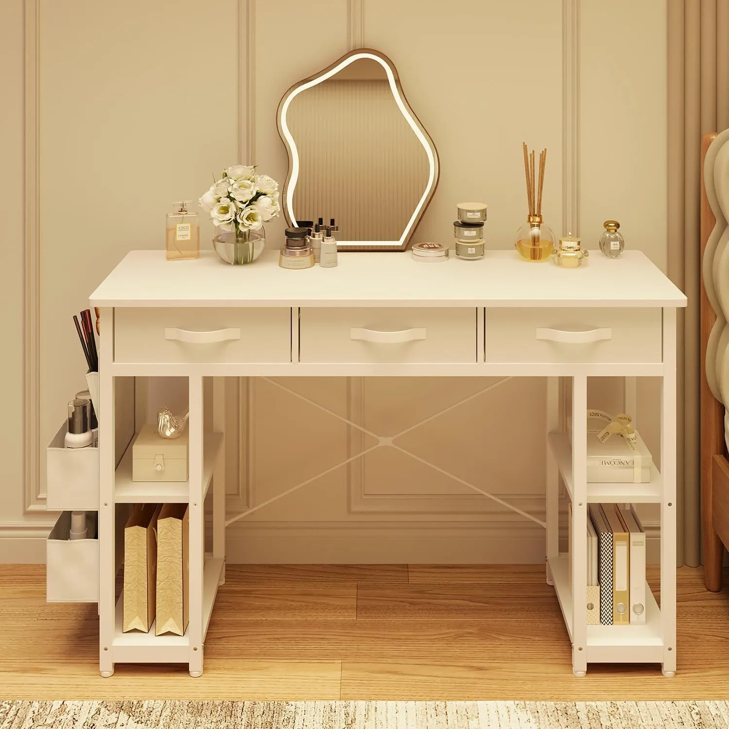 Modern Vanity Desk with Fabric Drawer, Side Storage Bag, Storage shelf