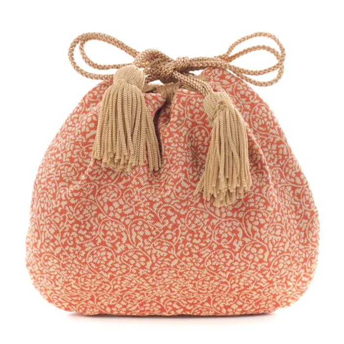 Nishijin-ori Small Drawstring Bag - Flower and Arabesque Pattern / Rose -,  Made in Kyoto, Japan,  Japanese traditional craft purse