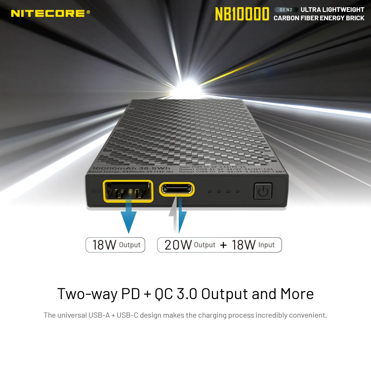 Nitecore NB10000 GEN2 Ultralight Carbon Fiber Energy Brick 10,000 mAh Mobile Power Bank