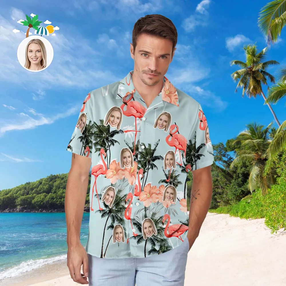 Personalised Hawaiian Shirt Men's Popular All Over Print Hawaiian Beach Shirt Holiday Gift - Flamingos and Coconut Trees