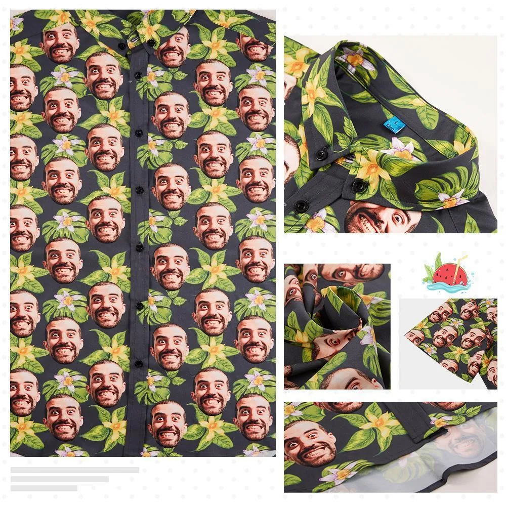 Personalised Hawaiian Shirt with Face Dark Green Leaves