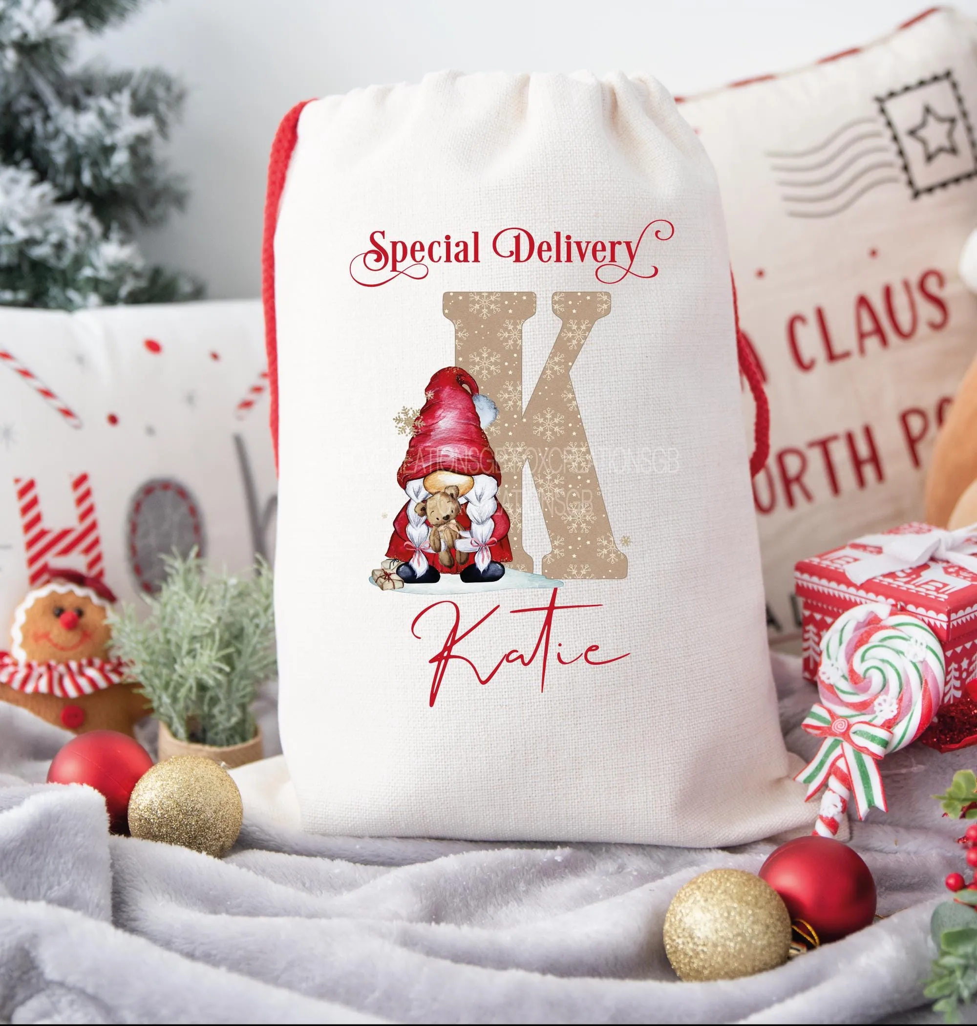 Personalised LARGE Christmas Eve Sack, 50 x 70cm. Gonk & Bear