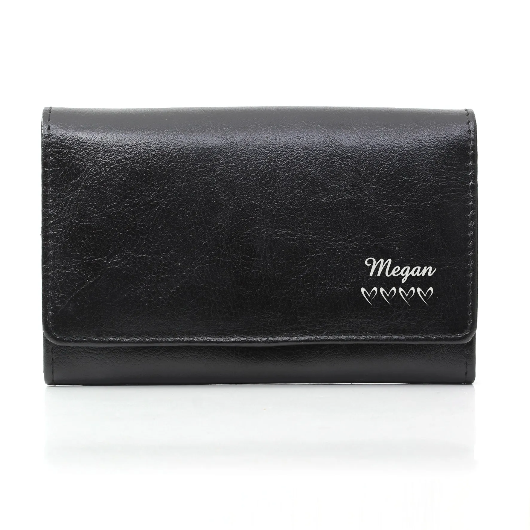 Personalised Name & Hearts Black Leather Purse